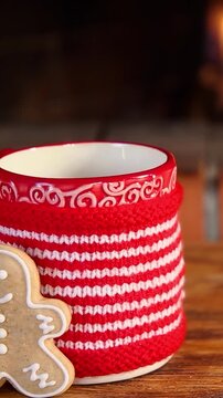 Mugs in knitted woolen covers with a Christmas ornament are placed in front of the fireplace. Xmas decorations on a wooden table in front of a flame burning in the fireplace. Vertical video