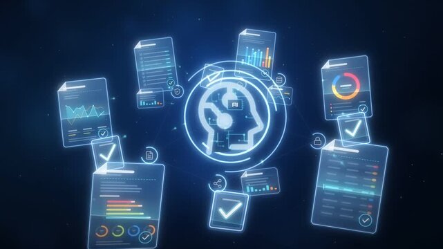 Artificial intelligence document processing with report cards and approval checkmarks floating