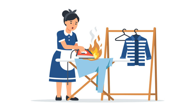 Housekeeper Ironing Clothes with Flames Rising from Hot Iron, Maid in Blue Uniform Shocked by Burning Ironing Board, Flat Vector Illustration - professional high detailed commercial stock imagery
