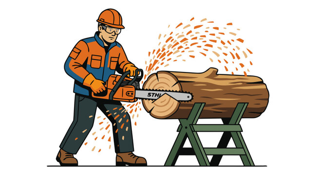 Professional lumberjack worker in orange hard hat safety glasses and work gloves operating chainsaw to cut thick tree trunk log on sawhorse with wood chips flying flat vector illustration