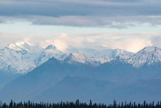 Snow covered mountain range in shades of blue with evergreen trees and cloudy sky
