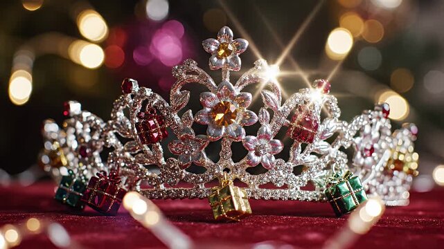 Ornate crystal tiara resting on red velvet beneath warm Christmas lights and soft bokeh background