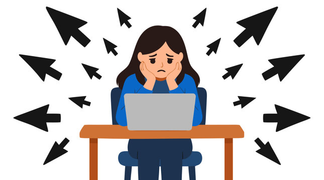 Sad Young Girl Sitting Alone at Desk with Laptop Surrounded by Hostile Cursor Arrows Pointing at Her Cyberbullying Online Harassment Digital Stress Concept Vector Illustration