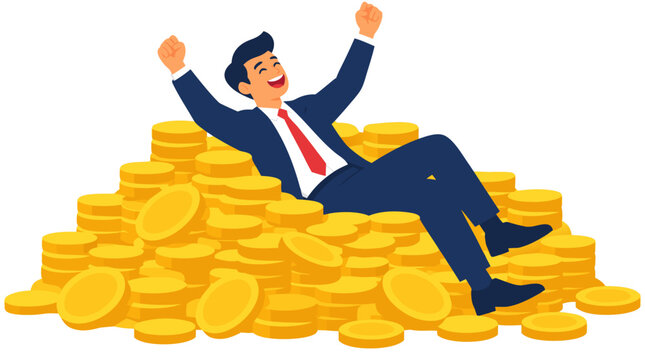 Happy businessman in blue suit lying relaxed on a large heap of gold coins with arms raised in victory, symbolizing financial success, wealth and prosperity in flat vector illustration