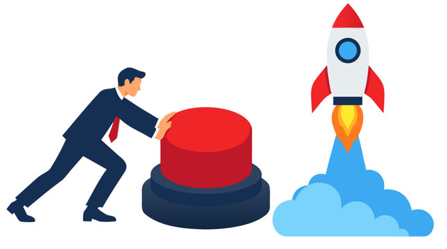 Businessman in suit pushing giant red start button to launch rocket startup concept illustrating entrepreneurship innovation business launch strategy and new venture success on white background