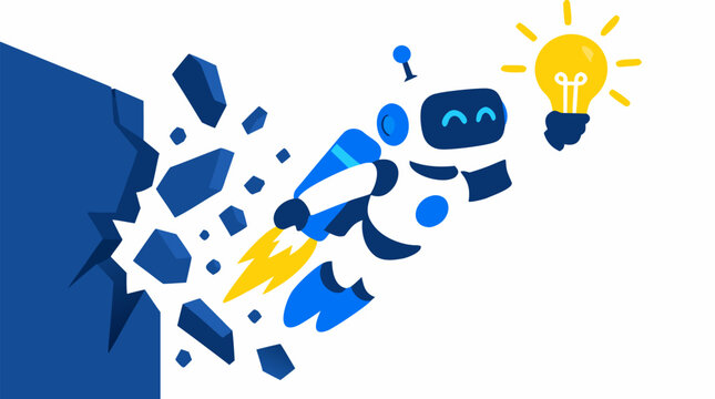 Cute cartoon robot with jetpack breaking through blue barrier wall holding glowing yellow lightbulb symbolizing disruptive innovation, creative idea and futuristic technology breakthrough concept