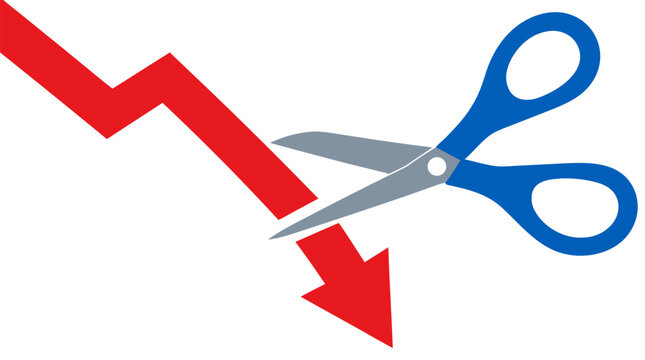 Red arrow plunging downward being intercepted and cut by large blue scissors stopping the decline on a clean solid white background, business concept illustration - detailed commercial stock imagery