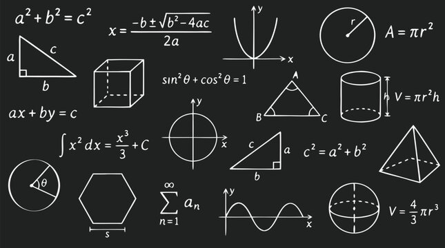 Mathematical calculations geometric figures and formulas drawn in chalk-like white lines across a seamless dark chalkboard background with algebra trigonometry and calculus equations