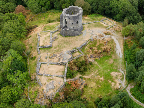 Medieval stone keep surrounded by excavated foundations, high angle aerial view over historic hill fort in grassy clearing enclosed by dense woodland