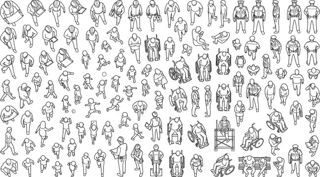 Set of isometric people silhouettes for architectural visualization, diverse characters including children, elderly, and people in wheelchairs