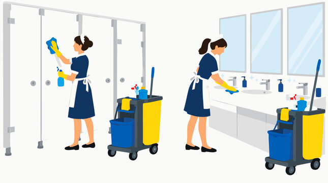 Two Maids in Uniform with Aprons Cleaning Bathroom Stalls and Sinks with Professional Cleaning Carts - professional high resolution commercial stock photography with detailed commercial stock