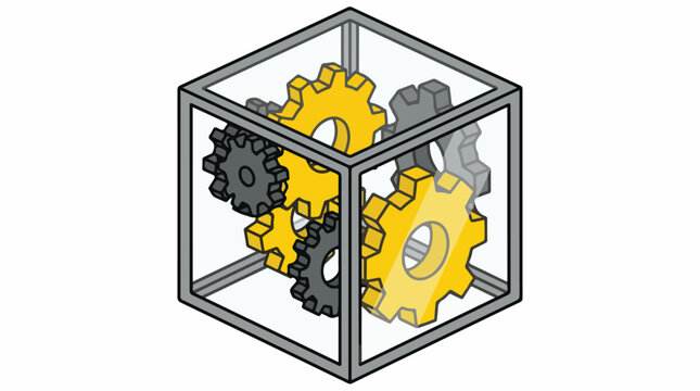 A 2D isometric view of a transparent glass cube containing simple geometric gears, symbolizing algorithmic transparency and open-source logic. Soft yellow and dark gray. trace optimized,