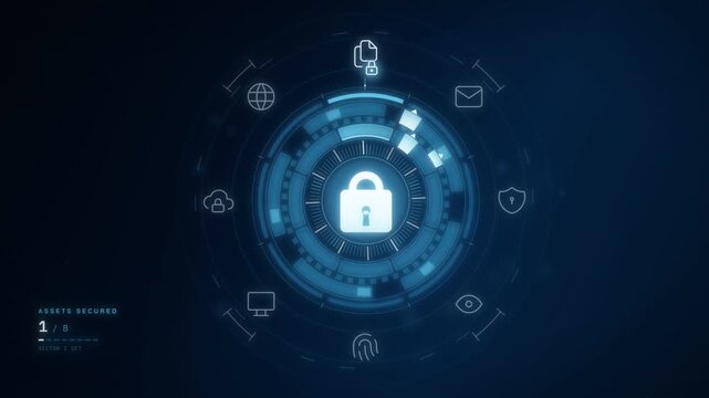 Padlock icon inside rotating security rings locking eight connected data assets one by one