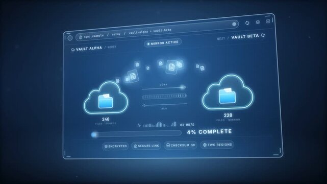 Cloud backup interface syncing encrypted files between two vaults with a progress bar to 100 percent