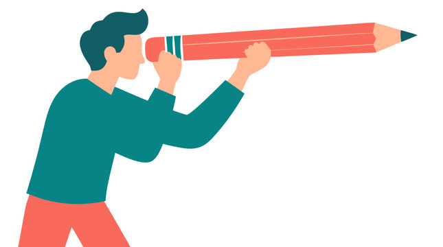 Creative man in teal shirt looking through an oversized red pencil like a handheld spyglass telescope, forward artistic vision and inspiration flat vector illustration on white background