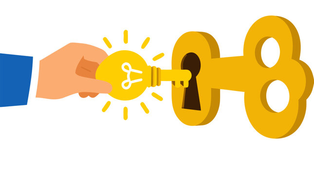 Hand holding an illuminated yellow lightbulb shaped like a key and inserting it into the keyhole of a giant golden key, unlocking innovative solutions flat vector illustration on white