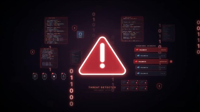 Threat detected alert revoking access as storage volumes are isolated on a red security screen