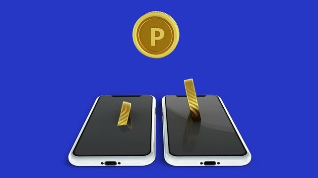 Gold Botswana Pula coins bouncing into smartphones. 3D animation representing online payments, mobile banking, digital transfers, fintech concepts, and e-commerce transactions.