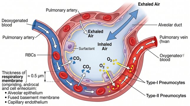 Lung alveolus gas exchange medical diagram with labeled anatomy