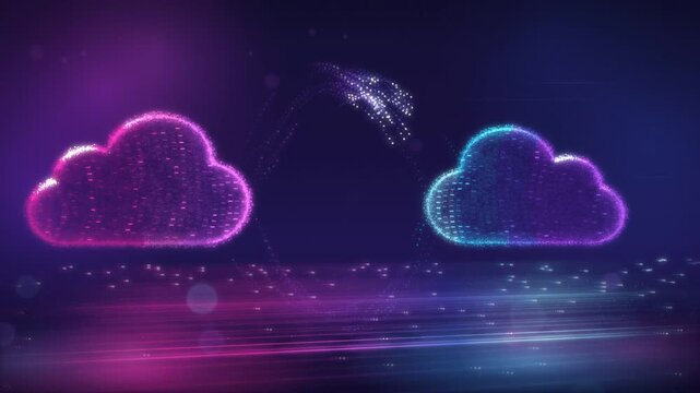 Two glowing particle cloud icons transferring binary data between them on a neon background