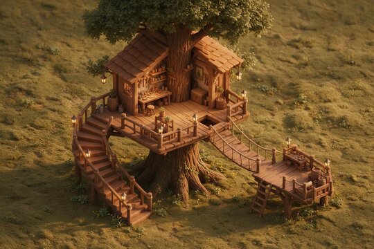 Isometric miniature treehouse workshop with rope bridge diorama