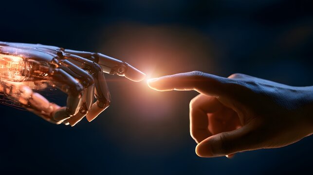 High quality image of robot hand touching human finger representing connection