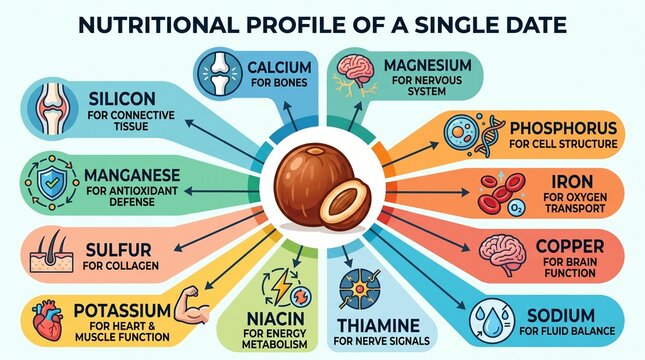 Date fruit nutritional profile and health benefits infographic