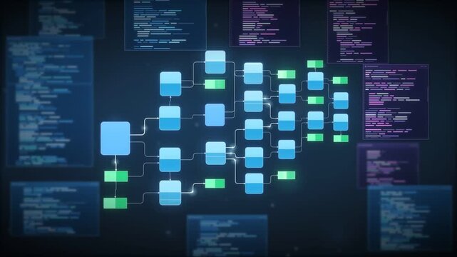 Workflow automation diagram expanding into a branching node tree of connected task and status blocks