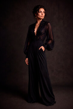 Elegant adult woman wearing a sophisticated black lace jumpsuit, posing confidently in a dark luxury studio setting. Full-length high-fashion portrait with dramatic soft lighting, refined styling, nat