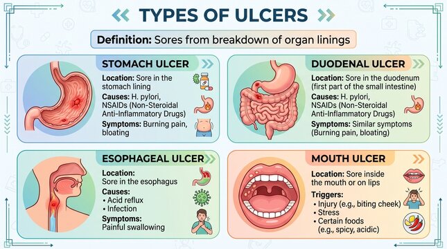 Types of Ulcers Medical Infographic on Stomach and Esophagus Sores