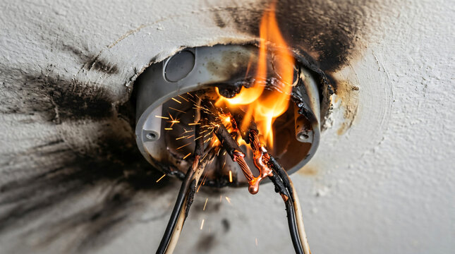 Macro View Electrical Wiring Infrastructure Disaster Intense Fire Sparks Active Orange Flames Erupting Melted Plastic Round Junction Box Scorched Drywall Ceiling Black Soot Paint Textless