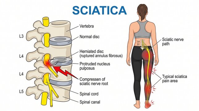 Medical illustration of sciatica and herniated disc on spinal column