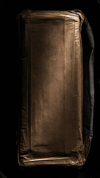 Brown sealed rectangular package wrapped in rough tape on dark slate, creating stark conceptual image of concealed contraband