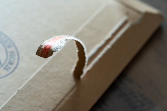 Close-Up of Torn Cardboard Strip with Stamp
