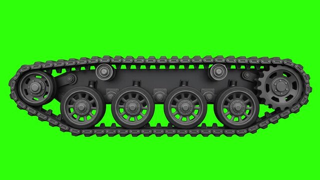 A detailed 3D animated caterpillar track and wheel mechanism running continuously on a green screen key background. Perfect for military vehicles, construction machinery, industrial engineering, and v