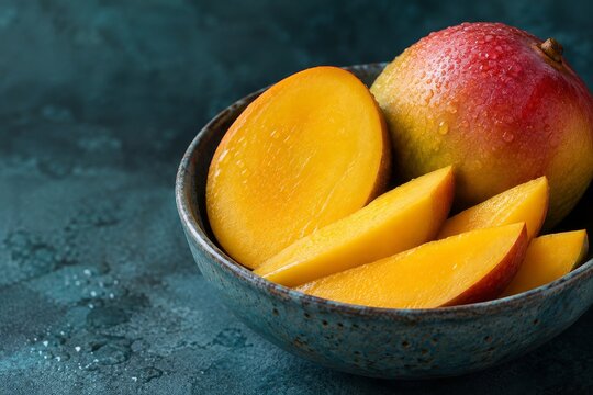 Fresh Mangoes in Bowl on Dark Teal Background