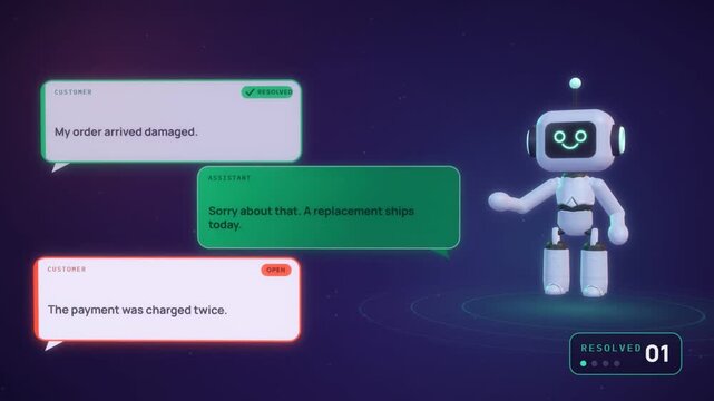 Chatbot robot answering customer support messages as a resolved ticket counter increases