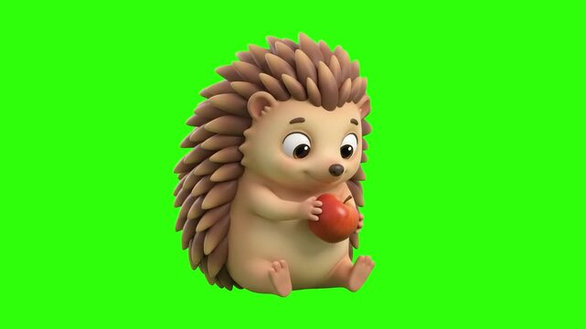 A cute 3D animated hedgehog character sitting and holding a red apple on a chroma key green background. Great for autumn themes, children storybooks, forest animal animations, healthy food promos, and