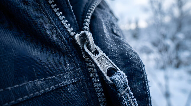Winter Coat Zipper with Water Droplets, Close-Up Detail of a Cold Weather Garment, Showcasing Texture and Resilience for Outdoor Apparel.