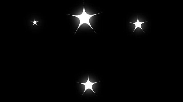 Sparkle twinkle star animation, glowing white doodle stars, twinkle shine bursts, blinking cartoon effects, chroma key background black screen seamless festive loop video. 4K