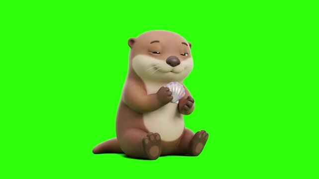 A charming 3D animated otter sits happily holding a sea shell on a chroma key green background. Great for children's educational content, wildlife animations, cute character mascots, and mobile game d