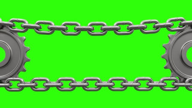 Two horizontal lines of shiny metal steel chains move across a green screen background. Ideal for video frame borders, prison concepts, security visual effects, and graphic overlays.