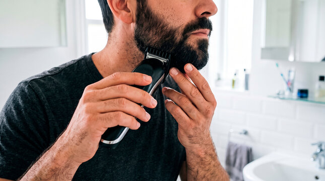 Man trimming beard with electric trimmer in bathroom
