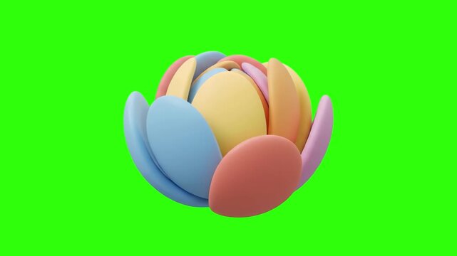 A stylized abstract flower made of colorful pastel petals unfolds and blooms on a chroma key green screen background. Great for spring promotions, creative branding, artistic logo reveals, and motion 