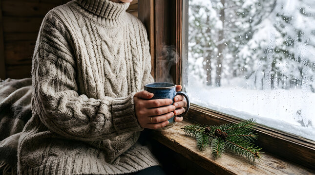 Person Holding Steaming Mug Near Window with Snowfall, Cozy Winter Scene, Warm Beverage, Relaxation, Comfort, Peaceful Moment, Home Lifestyle.