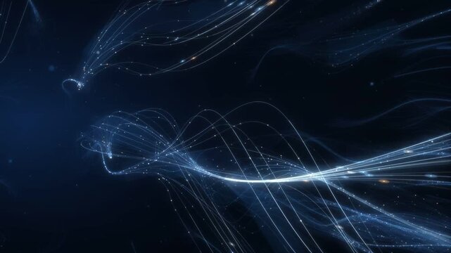Flowing light filaments drifting like silk threads across a deep blue motion background