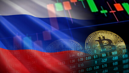 Russia's digital asset business growth and cryptocurrency market economic infrastructure investment, featuring a shiny golden Bitcoin coin over glowing candlestick charts, a superimposed Russian  © le