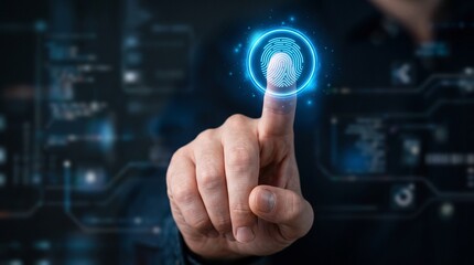 Obraz premium Finger with digital security icon for biometric authentication