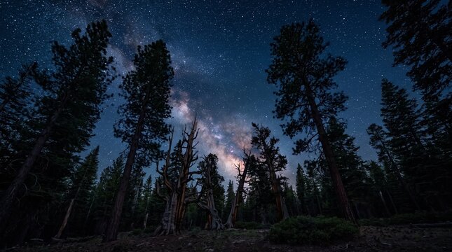 深夜の針葉樹の森の木々の間に見上げる満天の星空と天の川