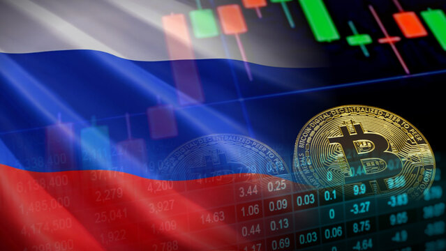Russia's digital asset business growth and cryptocurrency market economic infrastructure investment, featuring a shiny golden Bitcoin coin over glowing candlestick charts, a superimposed Russian 